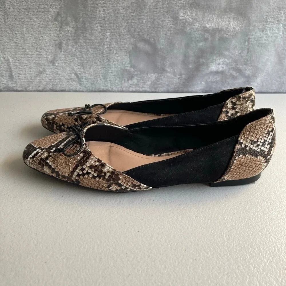 Zara Trafaluc Flats Womens 36 Snake Python Print Black‎ Suede Leather Trim Bow
